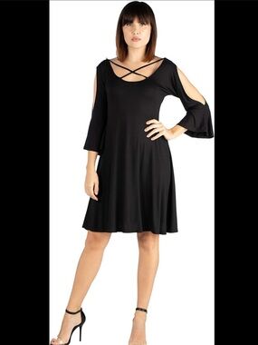 “NWT” 24 Seven7 Black Cold-Shoulder Midi Dress with Crisscross Front